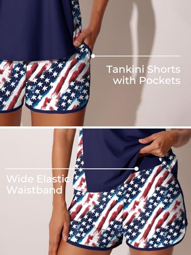 Image of Summer Mae Blouson Tankini Swimsuits for Women 2025 Tummy Control Two Piece Bathing Suits with Sporty Pockets Swim Shorts Abstract Star Flag Size 14