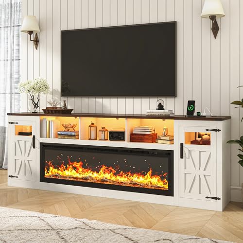 Fireplace TV Stand for 100 Inch TV, 95' Farmhouse Entertainment Center with 60' Electric Fireplace & LED Lights, Large Media Console for Living Room, Rustic Barn Doors, Power Outlets, Antique White