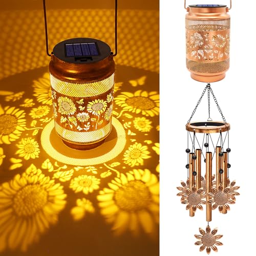 Image of Sunflower Solar Wind Chimes for Outside, Gifts for Mom Women Grandma Birthday Memorial Teacher, 32 inch Windchimes Outdoor Decor Hanging Solar Lantern for Garden Porch Patio Backyard
