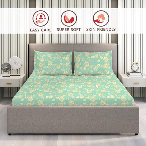 Image of Layers 100% Cotton Bedsheet for King Size Bed | Lumina Floret Collection | 144 TC Soft & Breathable | Printed with 2 Pillow Covers | Wrinkle Free & Colorfast | 3 Piece Bedding Set - Blue