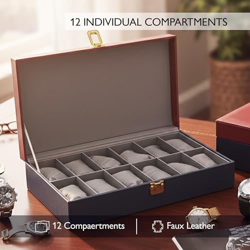 Image of MDF Unisex Faux Leather Watch Organiser Box with 12 Slots | Color: Maroon-Blue