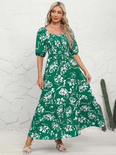 Image of Lyrur Summer Boho Smocked Maxi Dresses for Women Casual Puff Sleeve Square Neck A Line Tiered Ruffle Ankle Length Dress