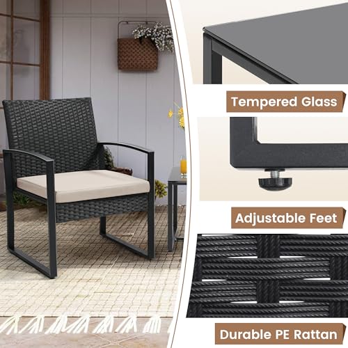 Murago 3 Piece Wicker Patio Bistro Set, Rattan Conversation Set with Coffee Table, for Balcony, Porch, Garden, Yard, Poolside, Black Frame with Beige Cushion