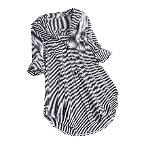 Blusa de rayas sueltas para mujer, manga reversible con botones, blusa larga para mujer, Negro , S