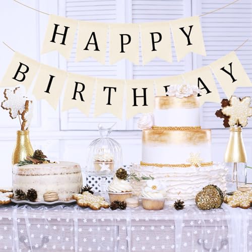 Image of Domeny Happy Birthday Burlap Banner Boho Birthday Bunting Banner Black Bohemian Birthdays Bunting Garland Rustic White Birthday Party Hanging Garland for Women Men Birthday Photo Backdrop