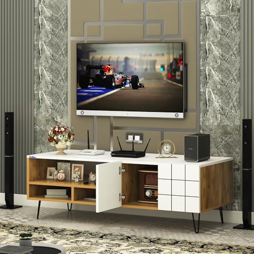 Image of Anikaa Axiora Engineered Wood Floor Standing TV Unit for Living Room | Modern Entertainment Console with 3-Open Boxes & 1-Closed Door Storage | Giantwood & White DIY (Do-it-Yourself) Installation