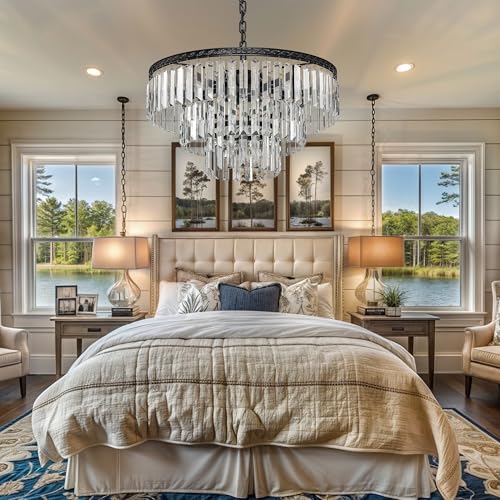 DWVO Black Crystal Ceiling Light Pendant Light 20in, 9-Light Round 3-Tier Adjustable Hight Modern Luxury Crystal Chandeliers for Living Room Entryway Bedroom Dining Room - E12 Base