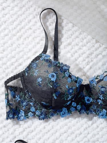 Image of Sexy Floral Embroidered Flower Mesh Underwire Push Up Lingerie Set