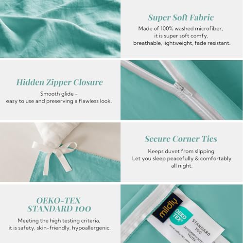 Image of MILDLY Duvet Cover Full Ultra Soft Comforter Cover Set 3pcs, Turquoise | Washed Microfiber Cotton-Like, Breathable Comfort, Hidden Zipper, Corner Ties, OEKO-TEX Certified, Fade Resistant