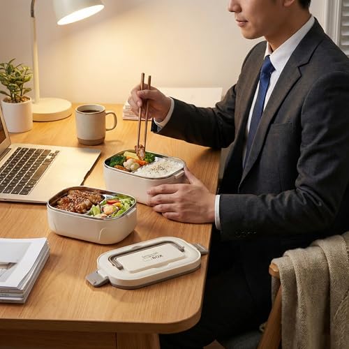 Image of Lunch Box for Office & School, Leakproof Double-Layer 304 Stainless Steel Bento Lunch Box with Removable Inner Tray, Microwave Safe, 1600ML, Cream