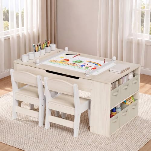 MAMIZO Kids Art Table and Chairs Set 3 in 1 Toddler Craft Desk w/Easel Sturdy Wood Activity Table w/Large Drawing Tabletop Paint Cups Removable Bins Paper Roll for Home Classroom Daycare