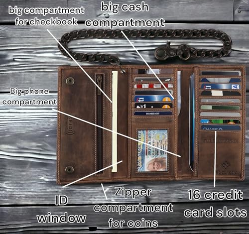 F&L CLASSIC RFID Blocking Mens Tri-fold Long Style Cowhide Leather Steel Chain Wallet,brown flag/skull,212-1033