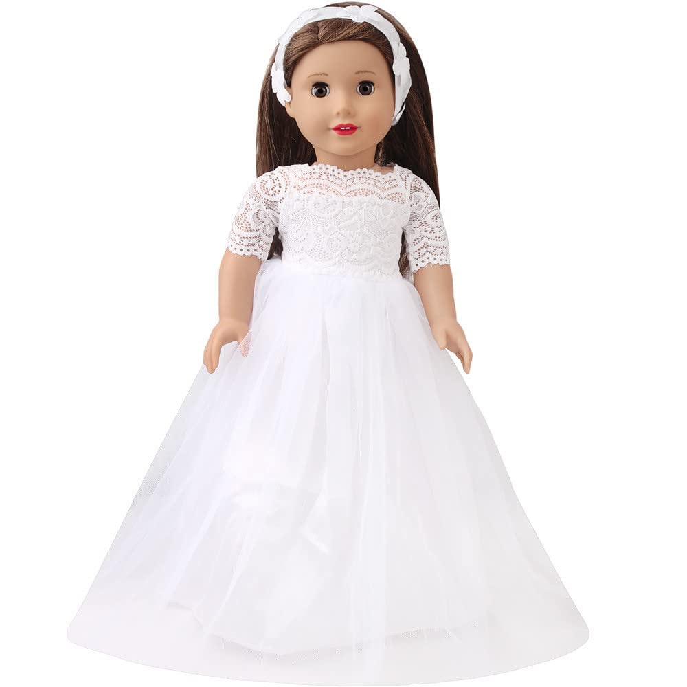 DUORUIMI Doll Clothes Wedding Long Dress White with Lace for American Girl Doll 18 inch with Headband