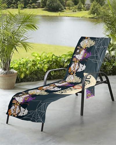 Halloween Gnomes Beach Chair Towel Covers for Chaise Lounge with Side Pocket, Soft Plush Pool Towels Cover for Patio Sunbathing Outdoor 29''x85'' Horror Pumpkins