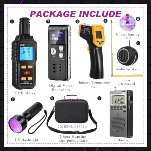 Dunzy 9 Pcs Ghost Hunting Equipment Kit with Emf Meter, Ghost Hunting Research Box, Voice Recorders, Flashlight, Speaker, Motion Light up Cat Balls and Radio