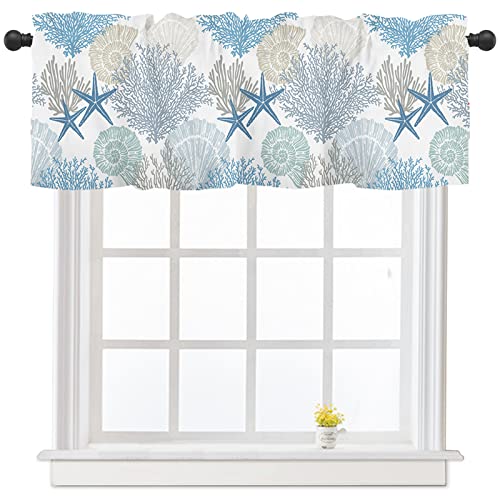 FJWMZ Summer Starfish Coral Kitchen Curtains Valances for Windows Beach Coastal Seashell Window Curtain 54x18 Inch Blue White Short Rod Pocket Bathroom Treatment Valance for Living Room Bedroom Decor