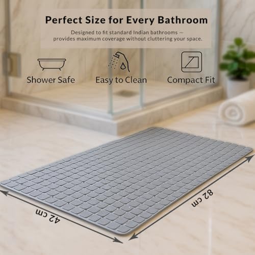 Image of HOMEZE Anti-Slip Bathroom Floor Mat for Elderly & Kids - Elevate Your Bathing Experience - 82 x 42 cm Anti-Skid Safety Shower Mat with Heavy-Duty Suction Grips, Checker Texture & Drain Holes - Grey