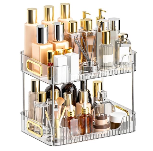 lexvss Bathroom Organizer Countertop, Clear Makeup Desk Organzier for Dressing Table, Vanity Countertop, Bathroom Counter, 2-Tier Vanity Tray Shelf for Cosmetic, Lotions, Perfume and Toiletries
