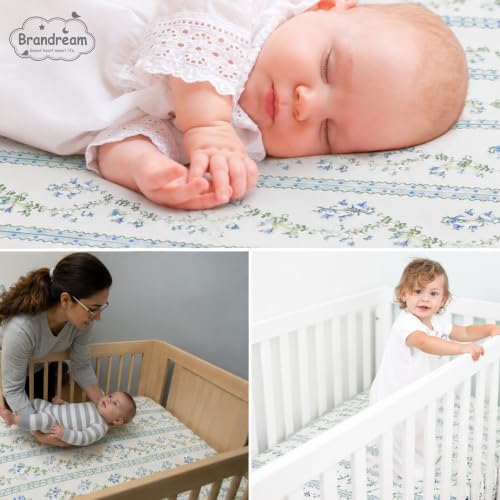 Image of Brandream Organic Crib Sheets for Girls Boys Fitted Crib Mattress Sheet Neutral, Soft Breathable Cotton Cover for Baby Bed Toddler Mattress, Blue Grandmillennial Botanical Floral Stripes and Vines
