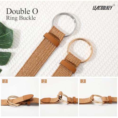 LEACOOLKEY Women Boho Straw Woven Stretch Belt for Dress Ladies Braided Straw Belt with Double O Buckle3