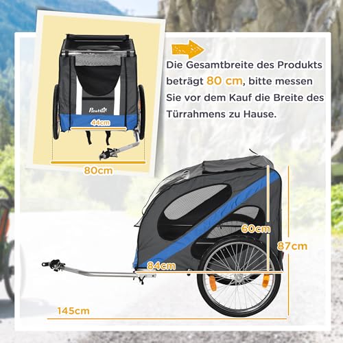 PawHut Hundeanhänger Fahrradanhänger Hundetransporter geländegängig Hunde Fahrrad Anhänger für Hunde Wetterfestes Oxford-Gewebe Stahlrahmen 145 x 80 x 87 cm Grau+Blau
