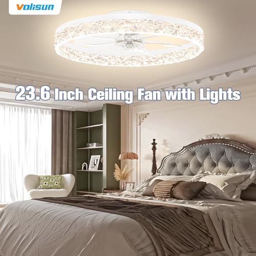 Image of VOLISUN Fandelier Ceiling Fans with Light, 23.6in Low Profile Ceiling Fan with Light and Remote, 3000K-6500K Dimmable Bladeless Ceiling Fan Flush Mount, White Modern Ceiling Fan with Light for Bedroom