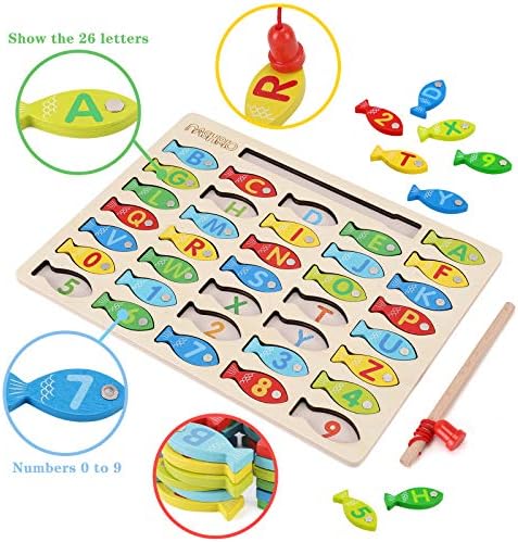Magnetic Wooden Fishing Game Toy for Preschoolers, Alphabet Fish Catching Counting Games Puzzle with Numbers and Letters, Preschool Learning ABC and Math Educational Toys for 3 4 5 Years Old Kids
