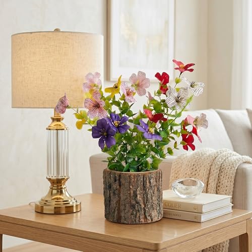 Image of Dekorly Artificial Multi Colour Fern Daisy Flower with Real Wooden Vase (28CM Overall Height) | Decorative Lifelike Faux Floral Plant in Rustic Tree Log Pot for Living Room(Daisy Fern)