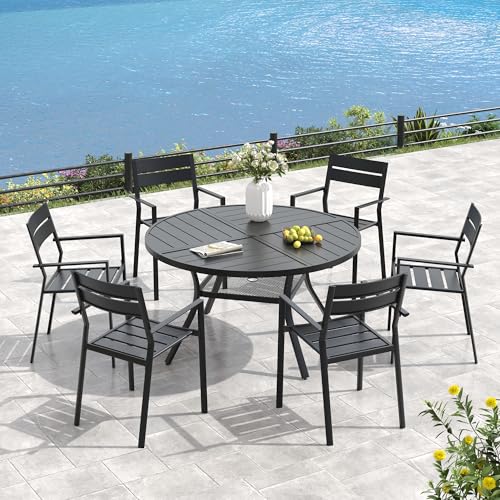 Image of VICLLAX 47.2 inch Round Outdoor Table, Patio Dining Table for 6 with Umbrella Hole for Garden Lawn Deck Backyard, Black