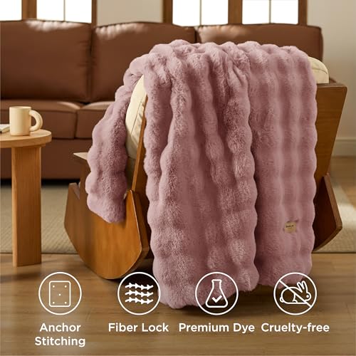 Bedsure GentleSoft Fluffy Faux Fur Blanket Twin Size, Fuzzy Soft Bubble Blanket for Couch, Home Decor Gifts for Bedroom Living Room, Thick Furry Cozy Gifts for Women, Dusty Rose, 60x80 Inch