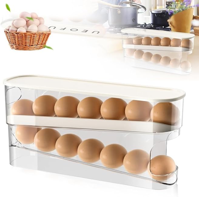 Egg Storage Rack, Fridge Kitchen Organizer - Sliding Wheel Design, Automatic Egg Retrieval Function, Food-Grade Plastic Material, Space-Saving Compact Arrangement, Durable Modern Kitchenware. 1 Pack