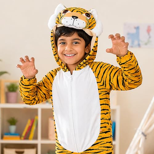 Image of Raj Costume Kid's Polyester Tiger Animal Costume and Fancy Dress for School Function Theme Party (Yellow, 5-6 Years)