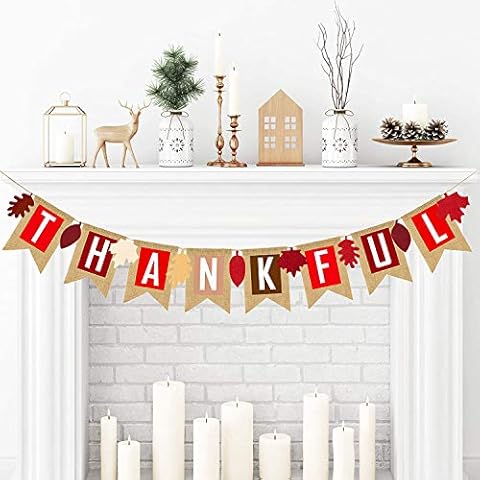 Adurself Thankful Burlap Banner Fall Autumn Maple Leaves Rustic Burlap Harvest Banner Mantel Fireplace Wall Hanging for Home Office School Party Decor Thanksgiving Decoration Cover