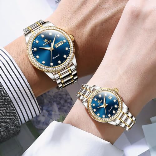 Image of OLEVS Couple Watch Men and Women His and Her Watches Set Analog Date Diamond Stainless Steel Waterproof Luminous Wrist Watch