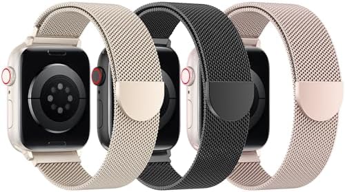 BELONGME 3 Pack Mesh Loop Compatible with Apple Watch Bands for Women Men 40mm 41mm 38mm 42mm 44mm 45mm 49mm 46mm Series 10 9 8 7 6 5 4 3 2 1 Ultra SE, Stainless Steel Metal Magnetic Strap for iWatch