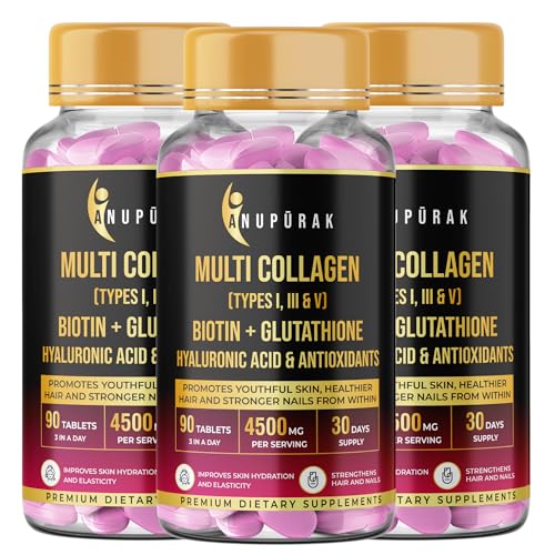 Image of Multi Collagen Complex Tablets - 3000mg . Types I, III & V | 18 Actives: Reduced Glutathione, Hyaluronic Acid, Astaxanthin & Biotin | Skin, Hair & Nail Daily Beauty Nutrition | 270 Tablets (90 Days)
