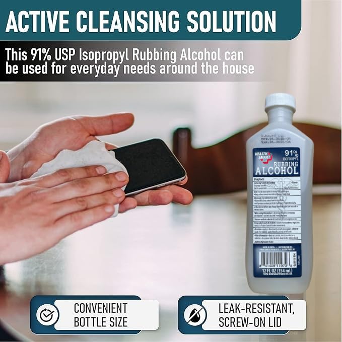 Isopropyl Alcohol 91%, First Aid Antiseptic, General Purpose Cleaner, 12 oz, 6 Pack