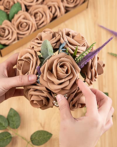 DuHouse 25Pcs Artificial Roses Flowers Fake Rose with Stems Real Touch Foam Flower Head for DIY Wedding Bridal Bouquet Baby Shower Centerpiece Floral Arrangement Party Home Decor(Coffee) - Image 2