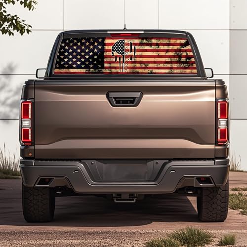 Image of Rear Window Decals for Trucks - 65x17.3 in Back Window Decals Fit Most Pickup Trucks SUV, Vinyl American Skull Flag Back Window Decal for Car Personalized Decoration - Skull Decal-4-S