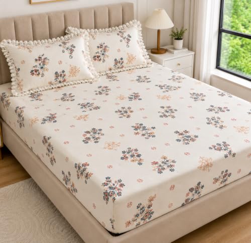 Image of 320 TC Premium Soft Cotton Feel Microfiber Elastic Fitted Bedsheet King Size (72 x 78 x 8 Inch) with 2 Frill Pillow Covers | All Around Elastic Double Bed Sheet | White
