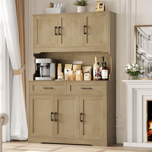 Comparison: Best Color Cabinets For Small Kitchen 8 FACBOTALL Tall Kitchen Pantry Cabinet, Farmhouse Food Pantry Cabinet with Doors and Adjustable Shelves, Kitchen Hutch with Countertop and Microwave Stand for Dining Room, Living Room, Oak Color