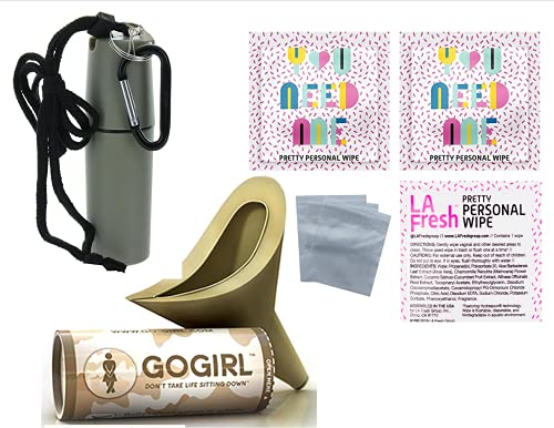 GoGirl Military Female Urination Device, Khaki with Khaki Waterproof Holder & LA Fresh Feminie towlettes, Zip Baggies & Carabiner