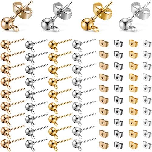 200 Pieces Ball Post Earring Studs with 240 Pieces Butterfly Earring Back Round Ball Ear Pin with Loop for Jewelry Dangle Earring Making, 4 Color (4 mm)
