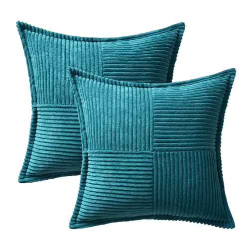 Image of MIULEE Decorative Throw Pillow Covers for Couch Bed Livingroom 16x16 Inch Set of 2 Teal Blue Boho Accent Throw Pllows Broadside Striped Patchwork Soft Corduroy Summer Coastal Pillowcases