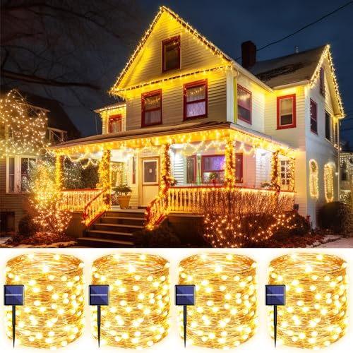 Cuorung 4 Pack Solar String Lights for Outside, 400LED 160FT Bright Solar Lights Outdoor Waterproof, Copper Wire with 8 Modes Fairy Lights for Tree Garden Party Wedding Ourdoor Decor (Warm White)