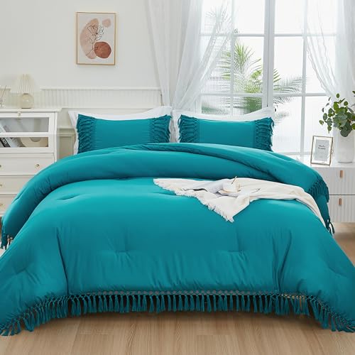 Image of Andency Turquoise Comforter Set Queen, 3 Pieces Boho Tassel Lightweight Soft Bedding Comforter Sets, All Season Fluffy Fringe Bed Set (90x90In Comforter & 2 Pillowcases)