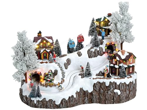 Weihnachtsdorf Deko mit Eisenbahn 19 Winterszene Seilbahn mit Licht Musik und Bewegung Skifahrer aus Poly...
