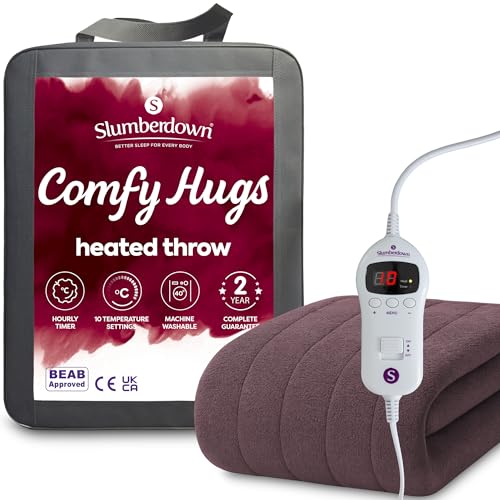 Slumberdown Comfy Heated Throw Blanket (130×160cm) - Snuggly Fleece Electric Electric Blanket with 10-Heat Settings & Timer | Energy Efficient (3p/hr) 2-Year Guarantee Washable Plum
