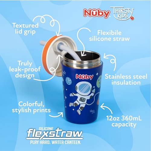 Image of Nuby Thirsty Kids Flexstraw Stainless Steel Insulated Toddler Cup - 12 oz | Leak-Resistant Silicone Straw - Easy-Clean Valve and Capacity - Travel Cup - Astronaut