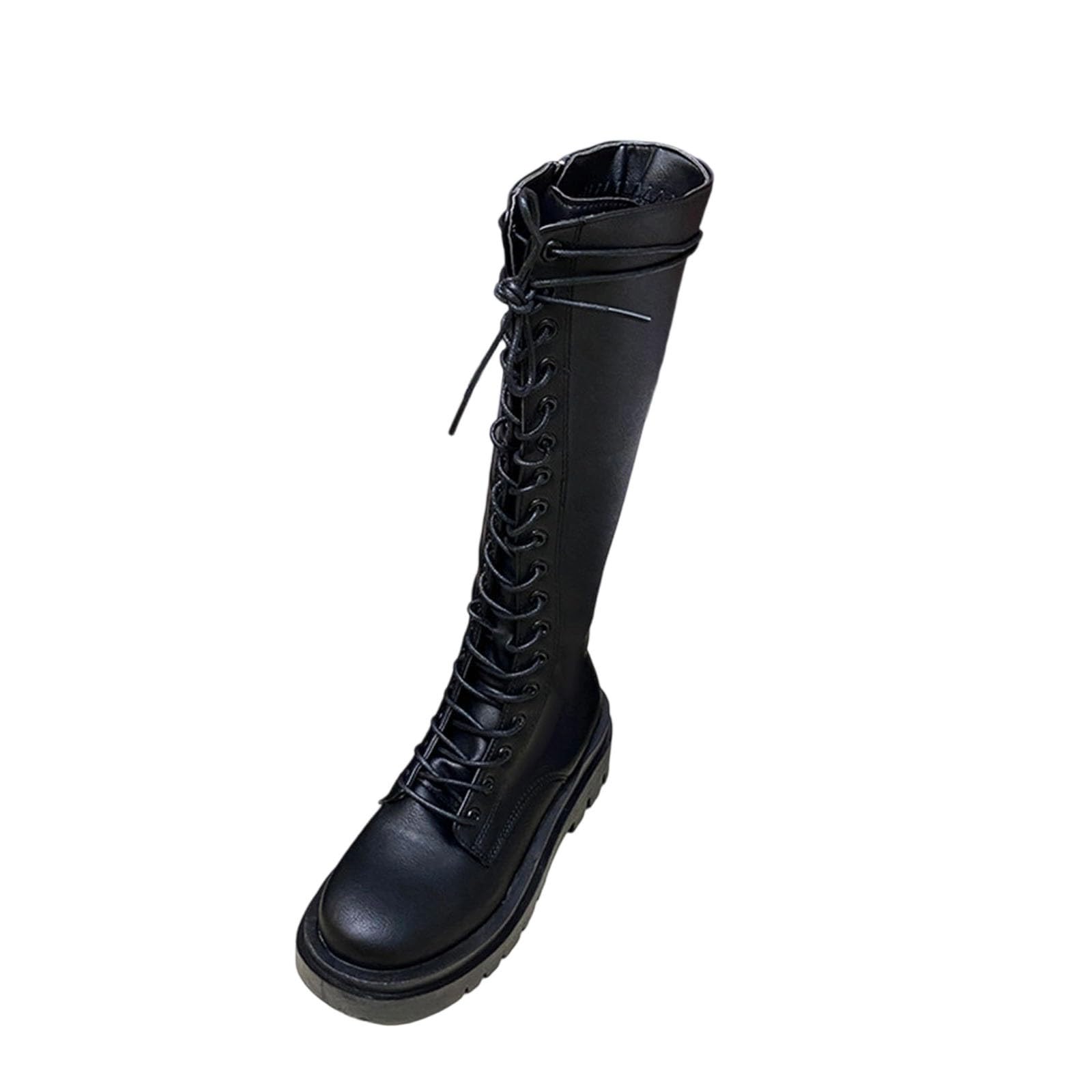 Knee High Boots Women Round Toe Platform Wide Calf Boots Comfy Lace Up Chunky Heel Tall Platform Combat